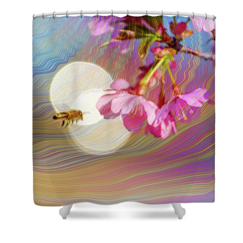 Bee Flying into a Flower with an Orb and Colorful Overlay - Shower Curtain