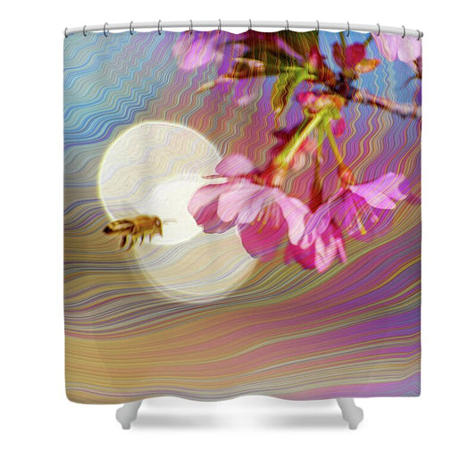 Bee Flying into a Flower with an Orb and Colorful Overlay - Shower Curtain