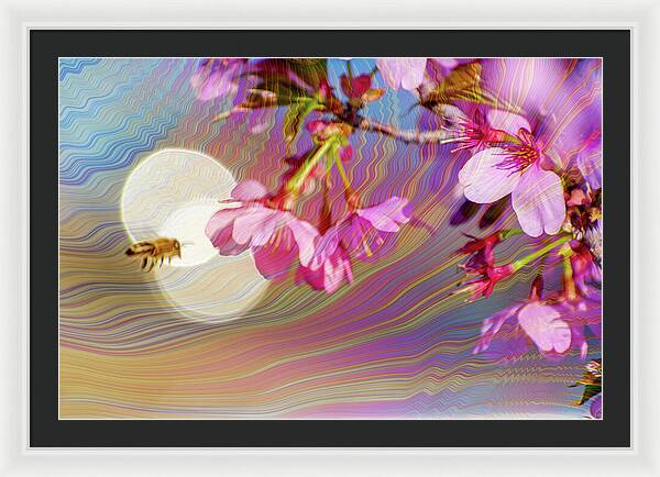 Bee Flying into a Flower with an Orb and Colorful Overlay - Framed Print