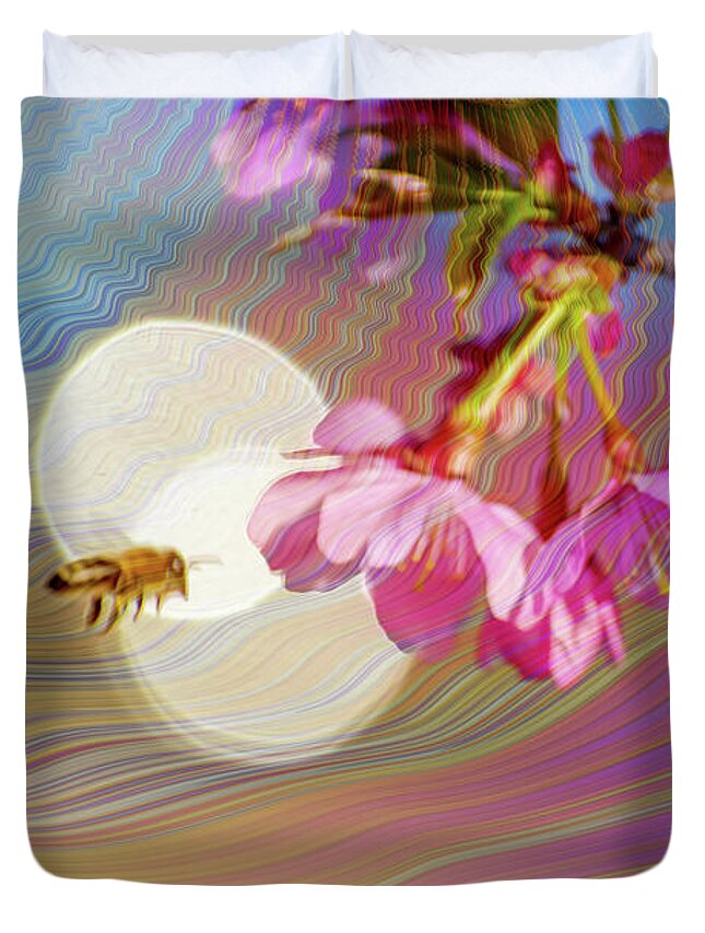 Bee Flying into a Flower with an Orb and Colorful Overlay - Duvet Cover