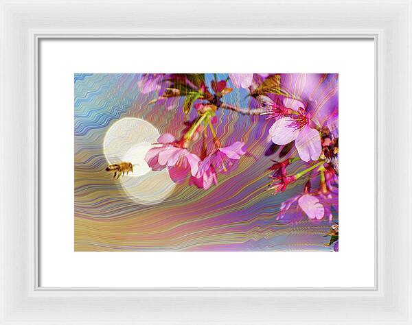 Bee Flying into a Flower with an Orb and Colorful Overlay - Framed Print