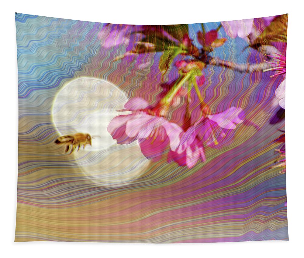 Bee Flying into a Flower with an Orb and Colorful Overlay - Tapestry