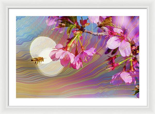 Bee Flying into a Flower with an Orb and Colorful Overlay - Framed Print