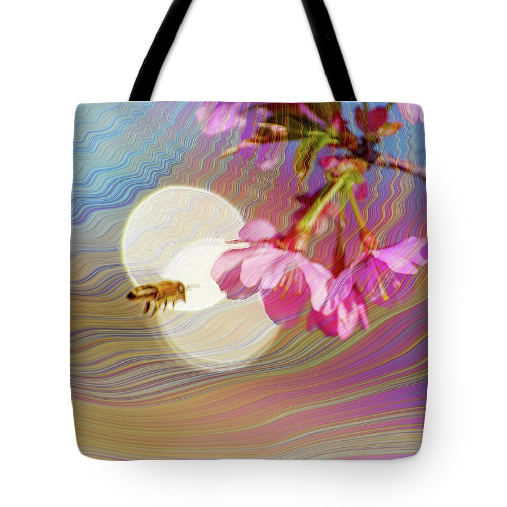 Bee Flying into a Flower with an Orb and Colorful Overlay - Tote Bag