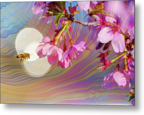 Bee Flying into a Flower with an Orb and Colorful Overlay - Metal Print