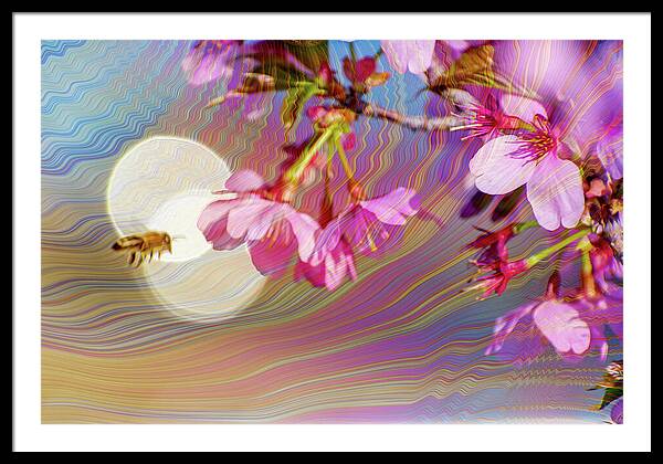 Bee Flying into a Flower with an Orb and Colorful Overlay - Framed Print