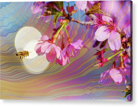 Bee Flying into a Flower with an Orb and Colorful Overlay - Acrylic Print