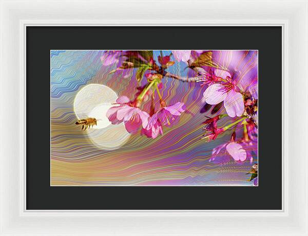 Bee Flying into a Flower with an Orb and Colorful Overlay - Framed Print