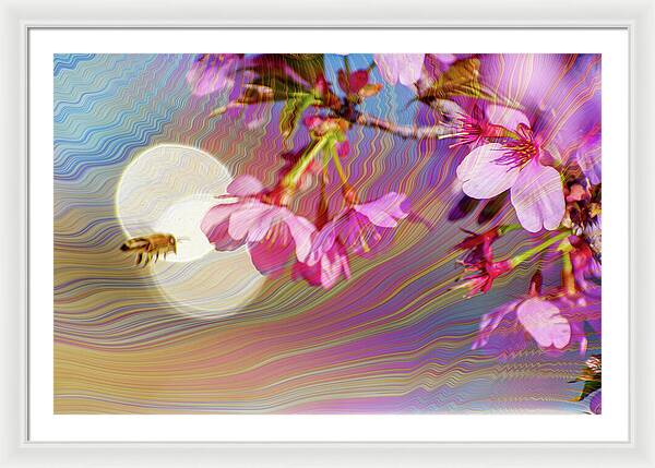 Bee Flying into a Flower with an Orb and Colorful Overlay - Framed Print