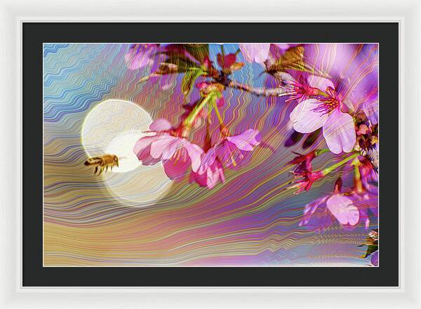 Bee Flying into a Flower with an Orb and Colorful Overlay - Framed Print
