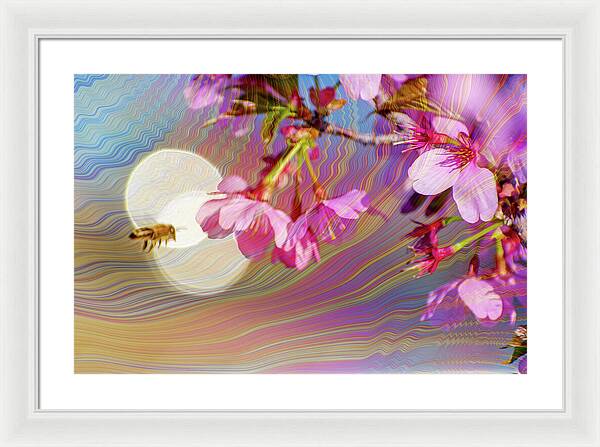 Bee Flying into a Flower with an Orb and Colorful Overlay - Framed Print