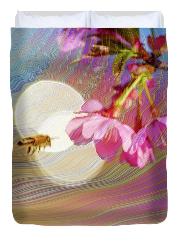 Bee Flying into a Flower with an Orb and Colorful Overlay - Duvet Cover