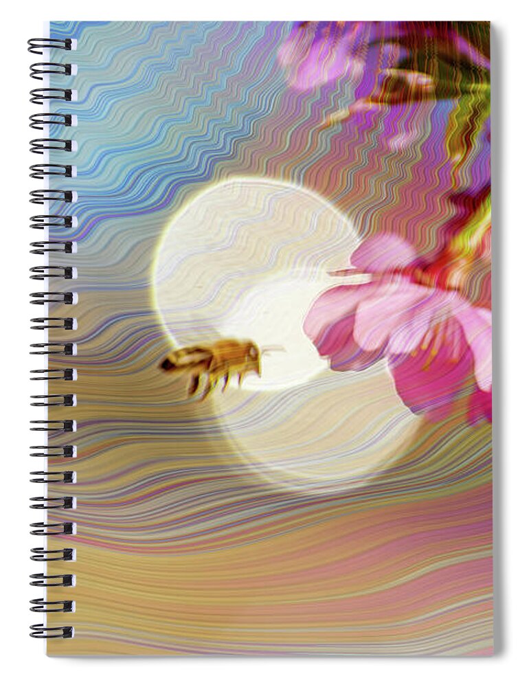 Bee Flying into a Flower with an Orb and Colorful Overlay - Spiral Notebook
