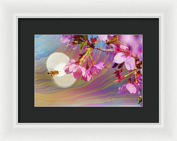 Bee Flying into a Flower with an Orb and Colorful Overlay - Framed Print