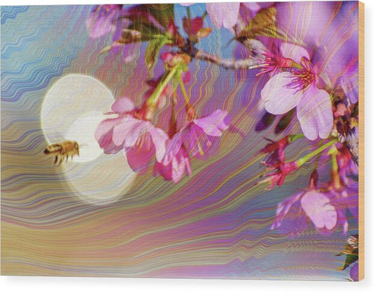Bee Flying into a Flower with an Orb and Colorful Overlay - Wood Print