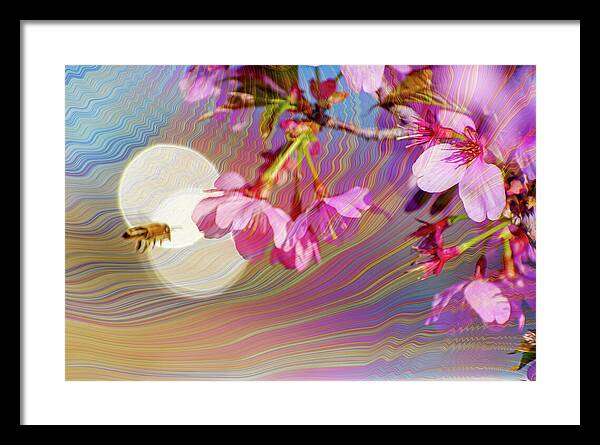 Bee Flying into a Flower with an Orb and Colorful Overlay - Framed Print
