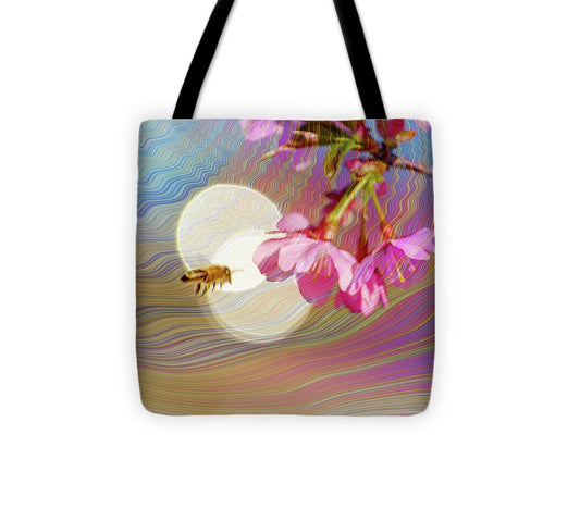 Bee Flying into a Flower with an Orb and Colorful Overlay - Tote Bag