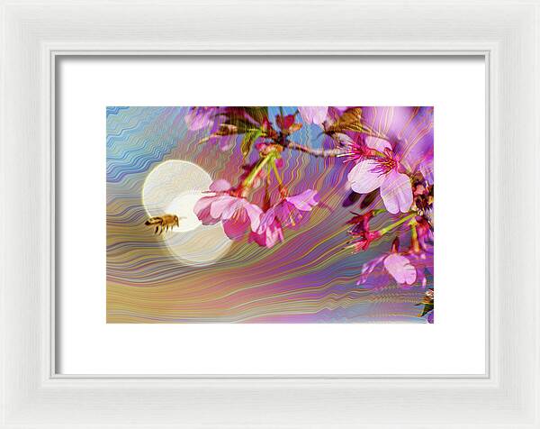 Bee Flying into a Flower with an Orb and Colorful Overlay - Framed Print