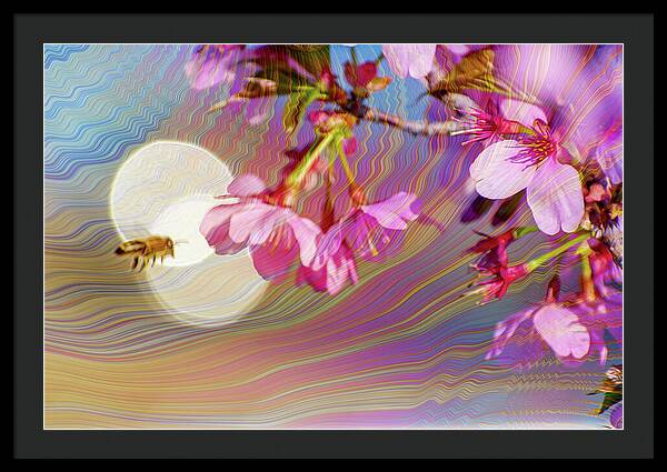 Bee Flying into a Flower with an Orb and Colorful Overlay - Framed Print