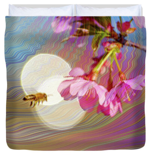 Bee Flying into a Flower with an Orb and Colorful Overlay - Duvet Cover
