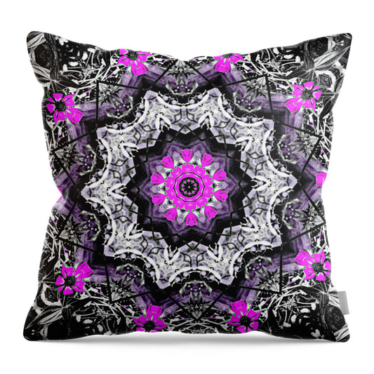 Black, white and Magenta Flowers Mandala - Throw Pillow