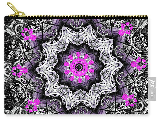 Black, white and Magenta Flowers Mandala - Zip Pouch