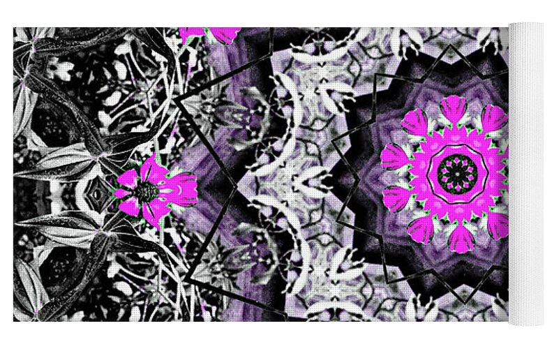 Black, white and Magenta Flowers Mandala - Yoga Mat
