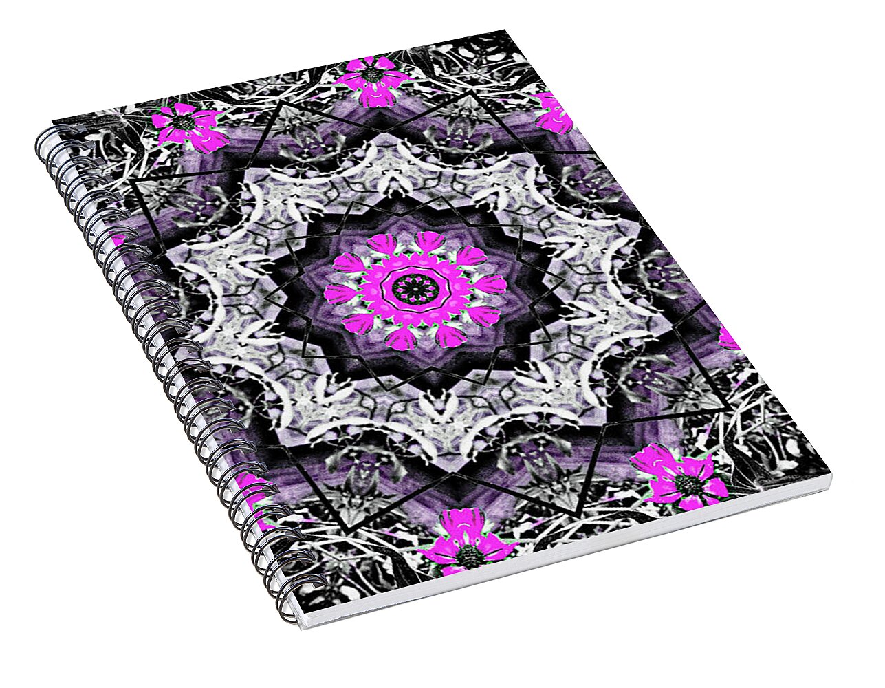 Black, white and Magenta Flowers Mandala - Spiral Notebook
