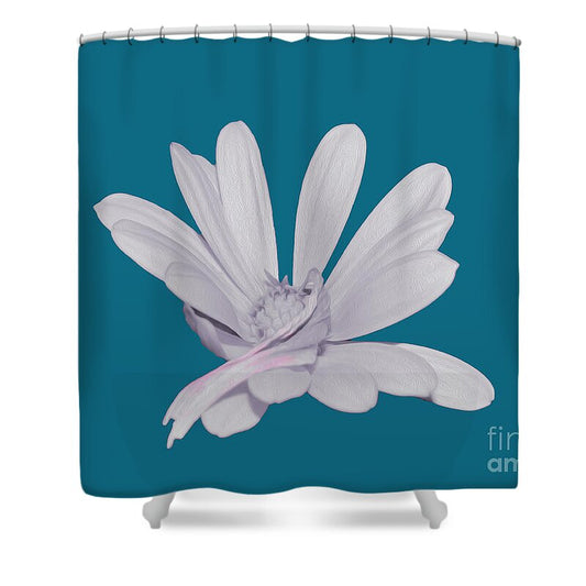 Blessed White Flower in a Blue Background - Shower Curtain