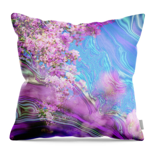 Blue and Pink Fractals and Flowers - Throw Pillow