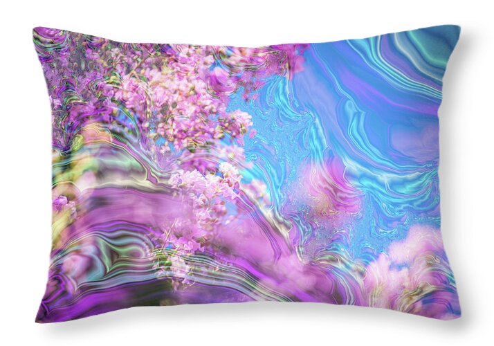 Blue and Pink Fractals and Flowers - Throw Pillow