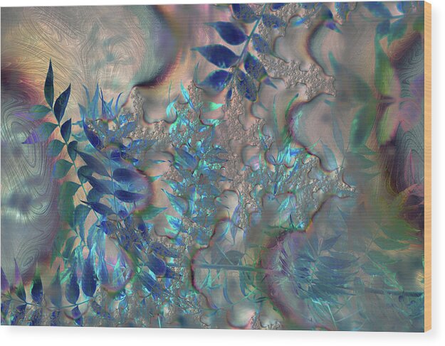 Blue Fractals Design Leaves - Wood Print