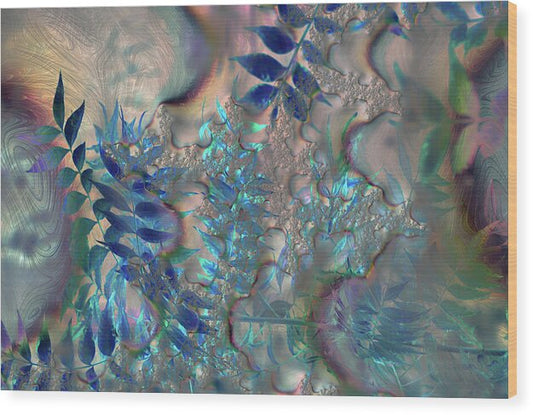 Blue Fractals Design Leaves - Wood Print