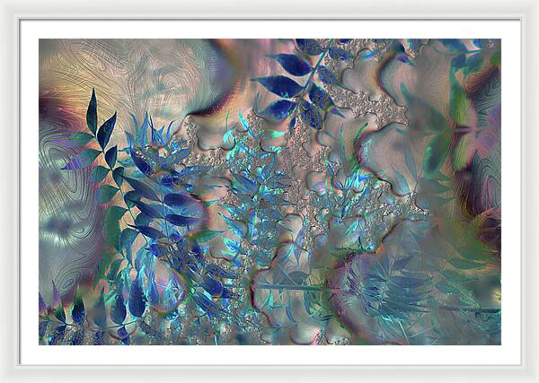 Blue Fractals Design Leaves - Framed Print