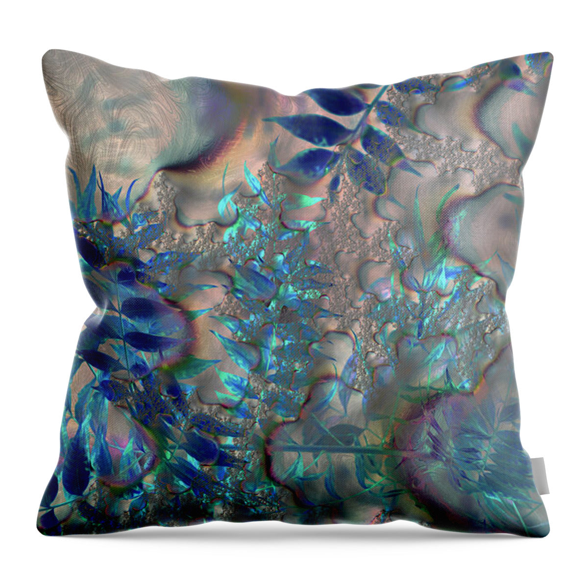 Blue Fractals Design Leaves - Throw Pillow