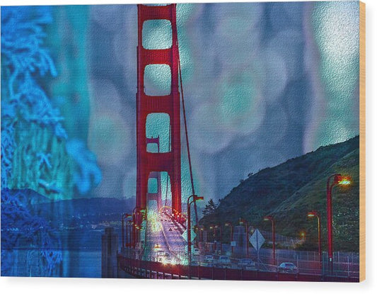 Blue Overlay of Golden Gate Bridge In San Francisco - Wood Print