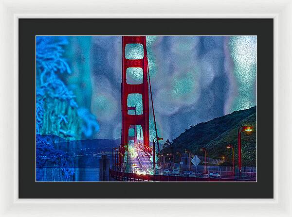Blue Overlay of Golden Gate Bridge In San Francisco - Framed Print
