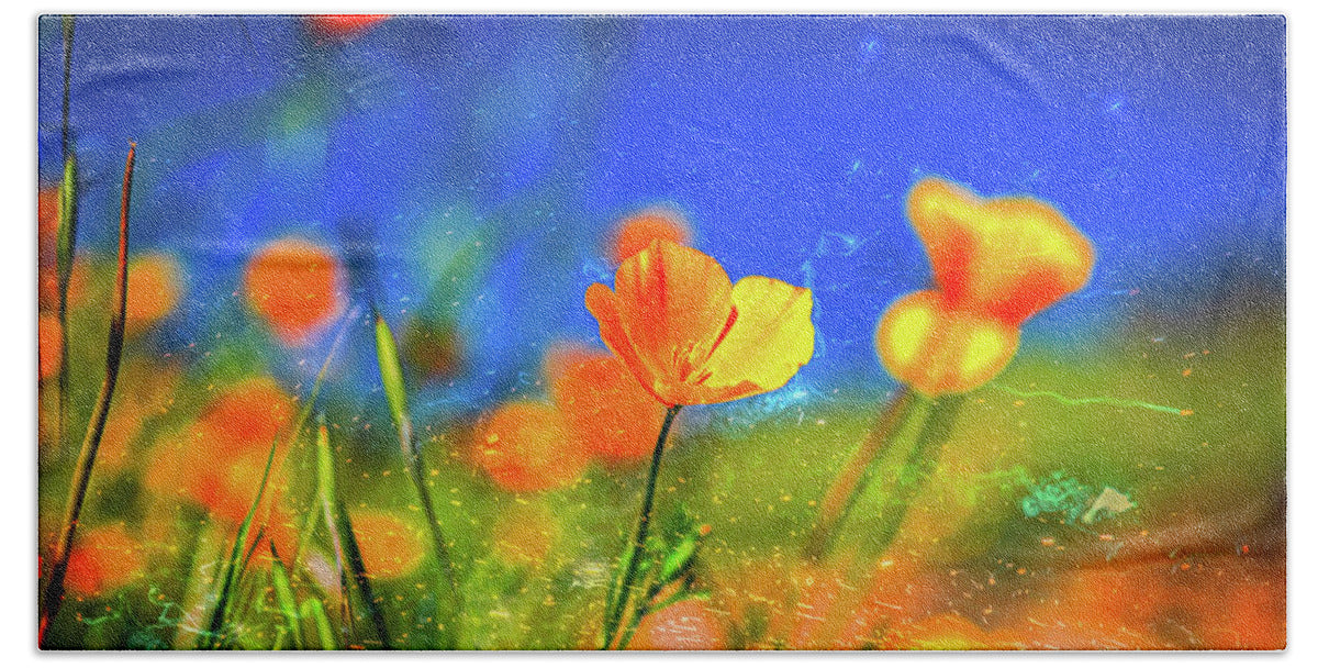 Blue Sky and Orange Poppy with Fireworks in the Air - Beach Towel