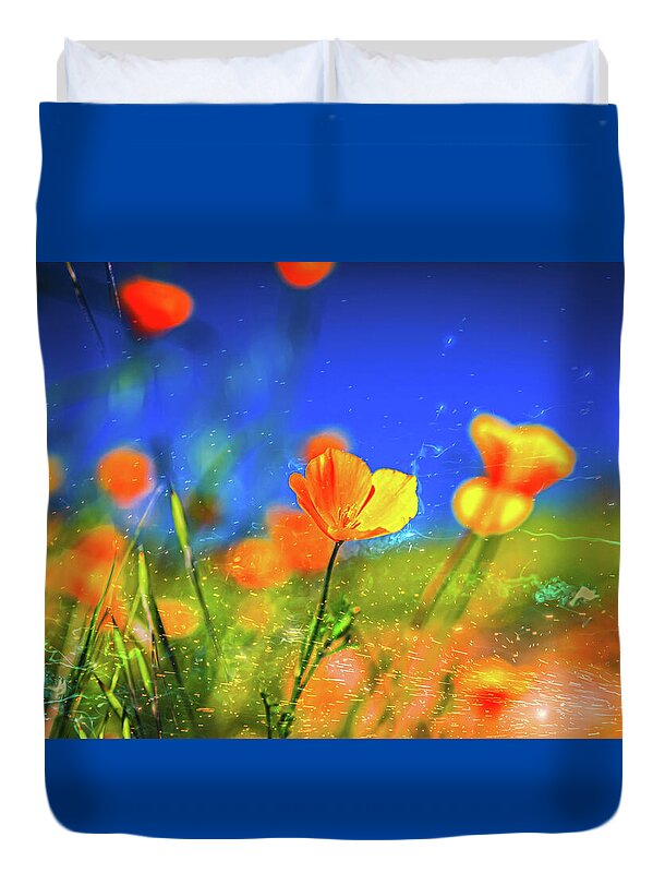 Blue Sky and Orange Poppy with Fireworks in the Air - Duvet Cover