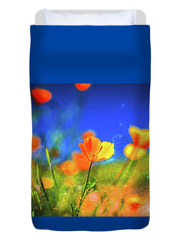 Blue Sky and Orange Poppy with Fireworks in the Air - Duvet Cover