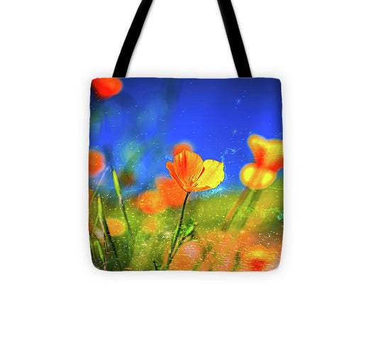 Blue Sky and Orange Poppy with Fireworks in the Air - Tote Bag