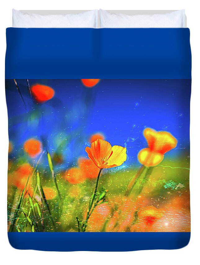 Blue Sky and Orange Poppy with Fireworks in the Air - Duvet Cover