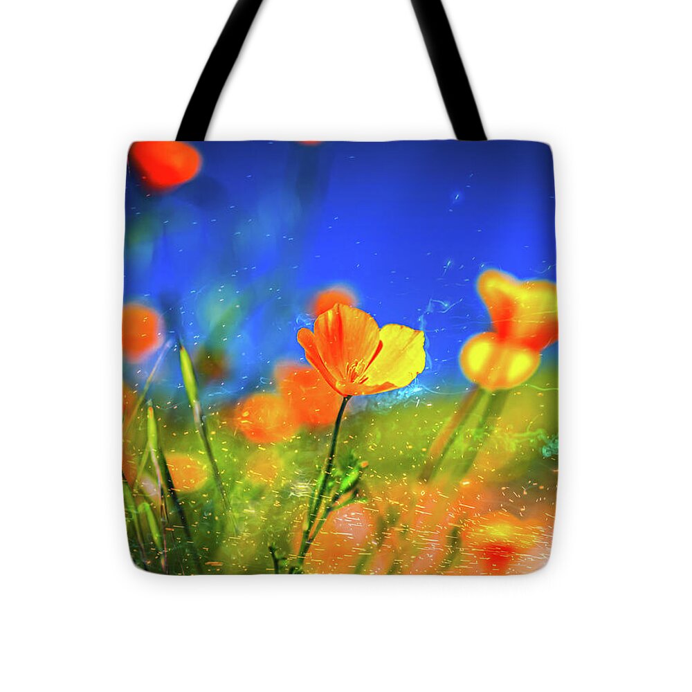 Blue Sky and Orange Poppy with Fireworks in the Air - Tote Bag