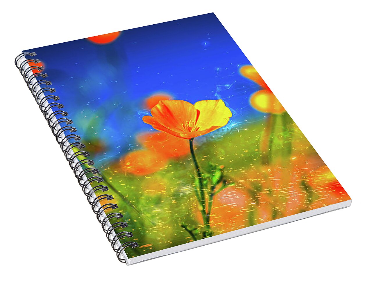 Blue Sky and Orange Poppy with Fireworks in the Air - Spiral Notebook