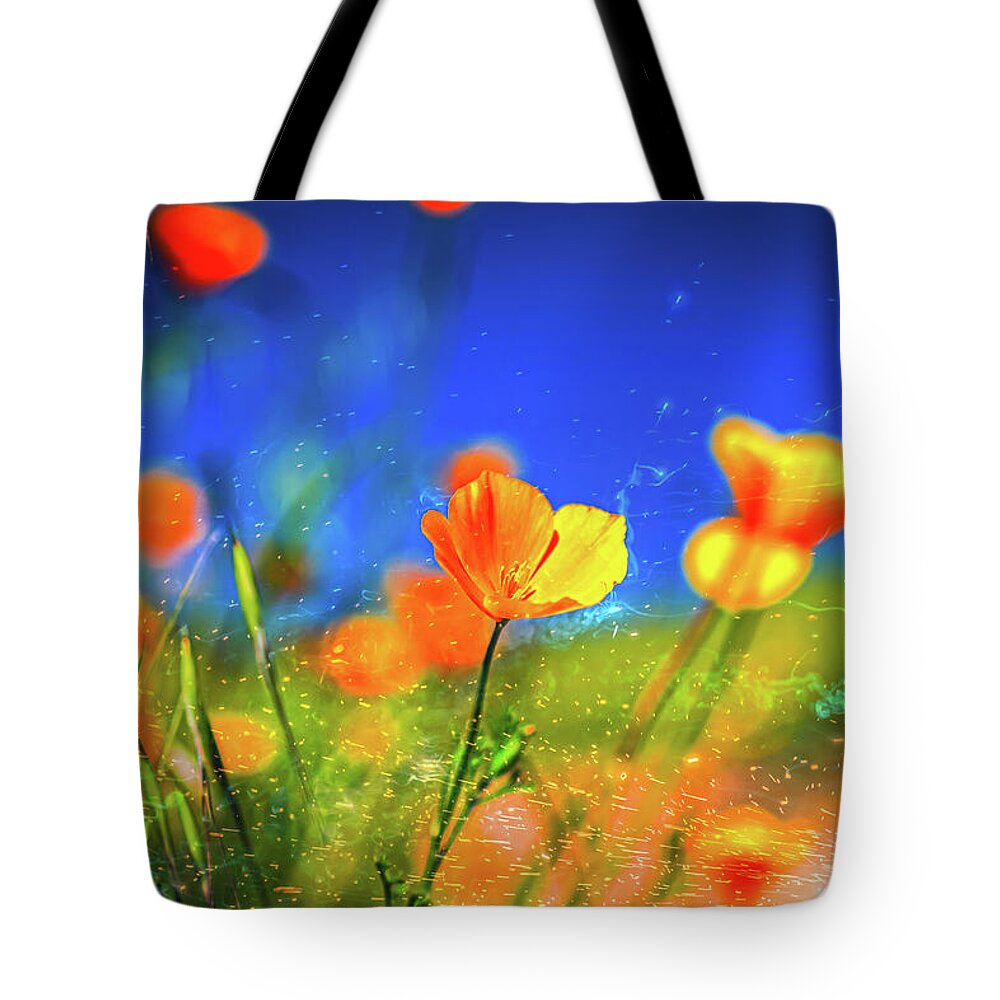 Blue Sky and Orange Poppy with Fireworks in the Air - Tote Bag