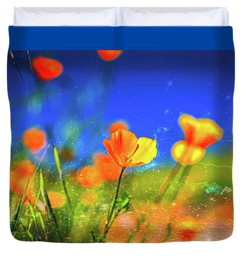 Blue Sky and Orange Poppy with Fireworks in the Air - Duvet Cover