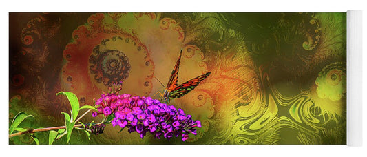 Butterfly on Magenta Flowers with Abstract Design - Yoga Mat