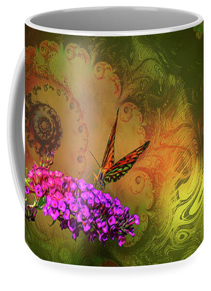 Butterfly on Magenta Flowers with Abstract Design - Mug