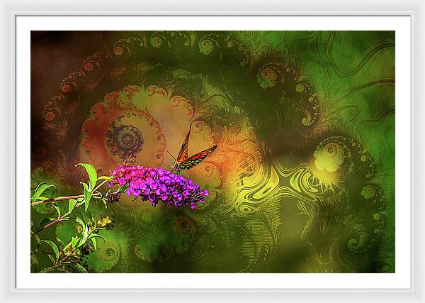 Butterfly on Magenta Flowers with Abstract Design - Framed Print