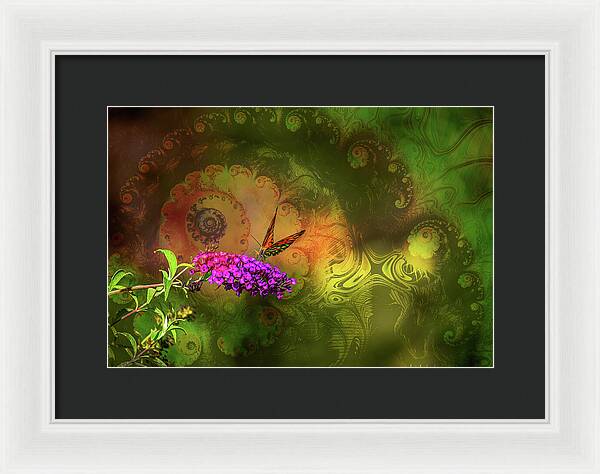 Butterfly on Magenta Flowers with Abstract Design - Framed Print
